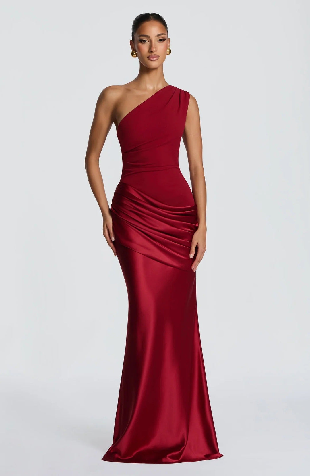 Women's elegant asymmetrical satin evening dress with drape design Mune Fashion