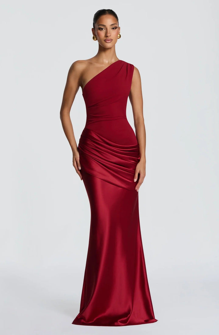 Women's elegant asymmetrical satin evening dress with drape design Mune Fashion