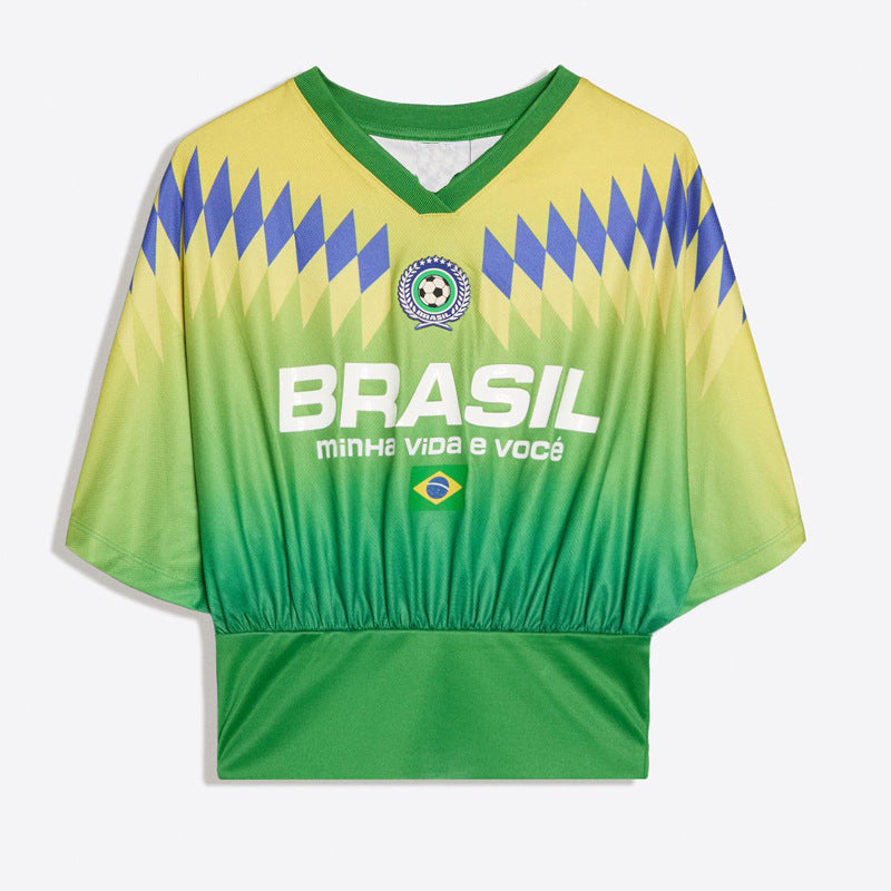 Women’s tailored retro soccer crop shirt with V-neck, elastic hem, and embroidered lettering Mune Fashion