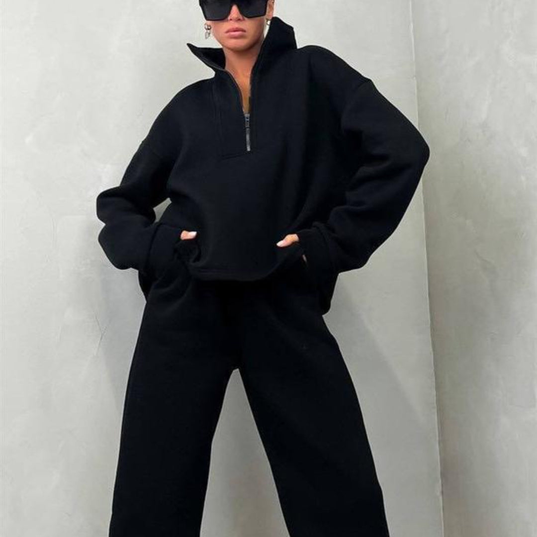 Women’s soft oversized half-zip loungewear set with high stand collar and fitted joggers Mune Fashion