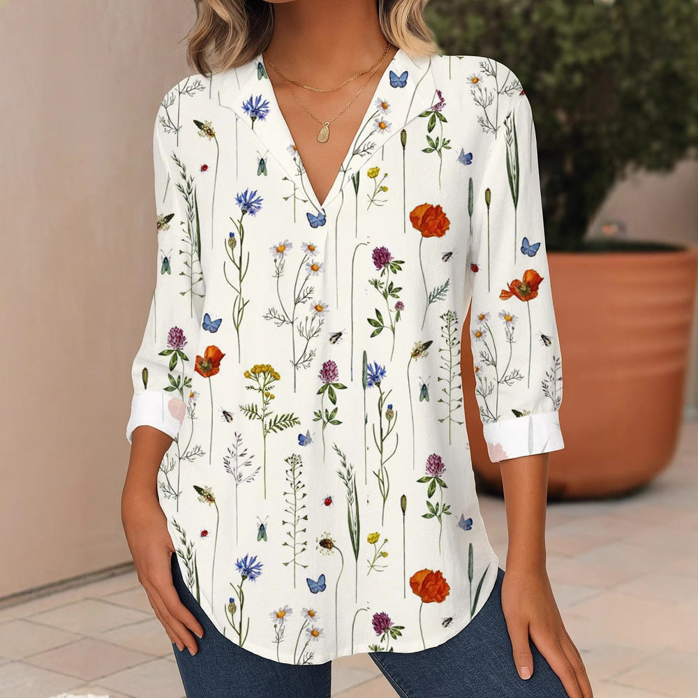 Women's Floral V-Neck Tunic Blouse with Three-Quarter Sleeves and Rounded Hem Mune Fashion