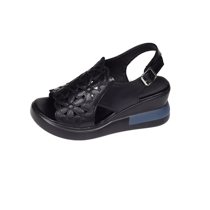 Women's nano wedge sandal with floral laser perforation, padded anatomical insole, and adjustable heel strap Mune Fashion