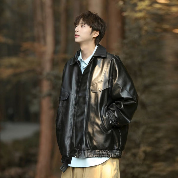 Men's Oversized Faux Leather Bomber Jacket with Flap Pockets Mune Fashion