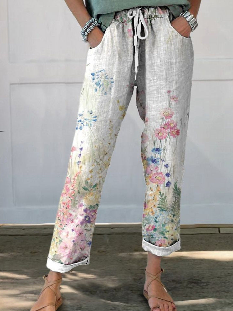 Women Linen Look Pants with Floral Print, Wide Leg and Drawstring Mune Fashion