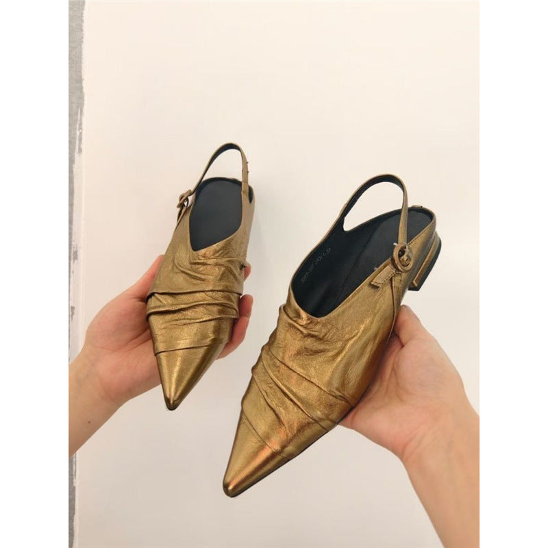 Women's pointed toe slingback mules with decorative strap and ergonomic flat heel Mune Fashion