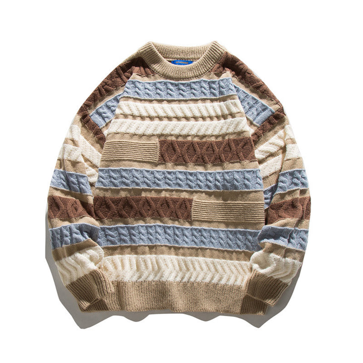 Unisex Oversize Chunky Knit Sweater with Structured Block Stripe Look and Round Neck
