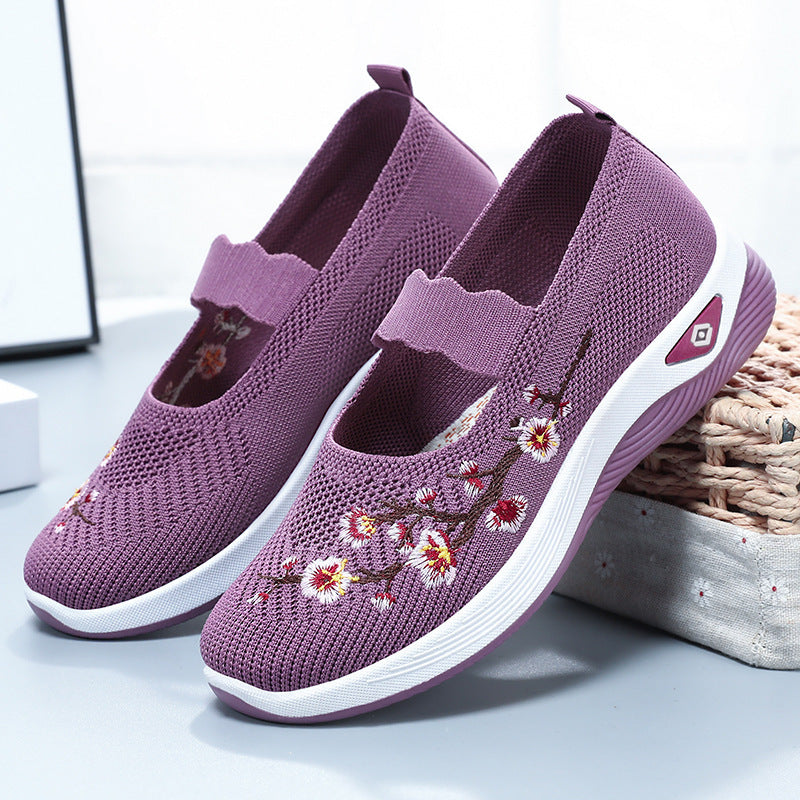 Ladies embroidered comfort ballerina with elastic Mary Jane strap, breathable knit upper and shock-absorbing EVA wedge sole Mune Fashion