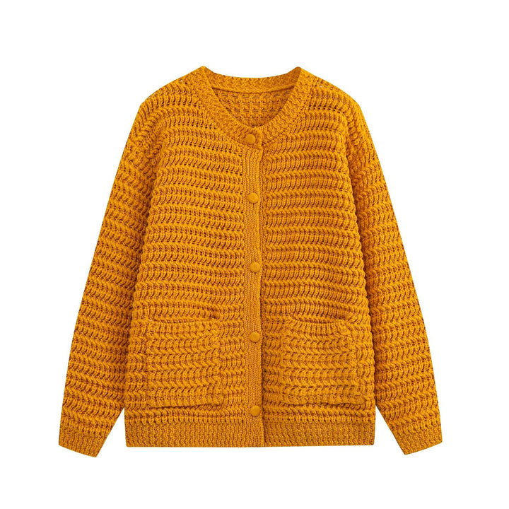 Women Chunky Knit Oversized Cardigan with Button Placket and Patch Pockets Drune