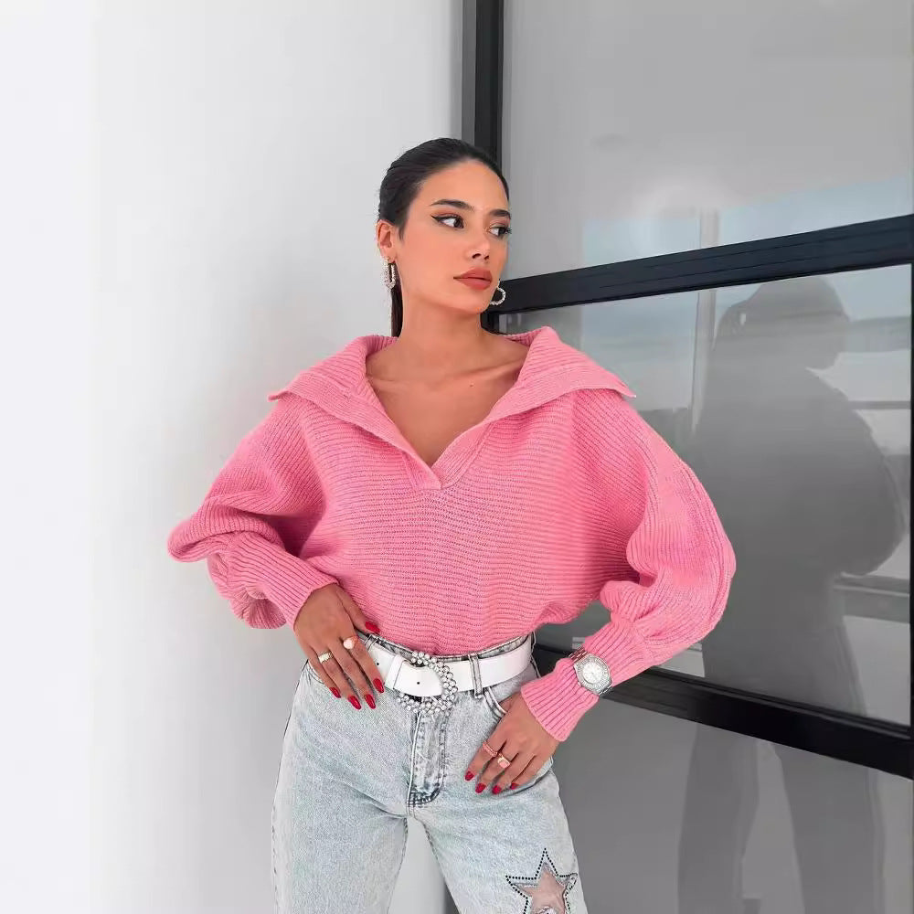 Women's Oversize Rib Sweater with Lapel Collar and Deep V-Neck Mune Fashion
