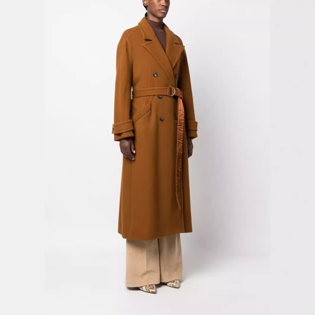 Women Maxilength Double-breasted Wool Blend Coat with Satin Ribbon Waist Belt and Rolled-up Sleeves Mune Fashion
