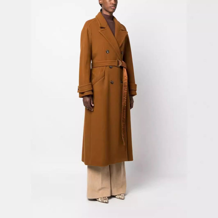 Women Maxilength Double-breasted Wool Blend Coat with Satin Ribbon Waist Belt and Rolled-up Sleeves Mune Fashion