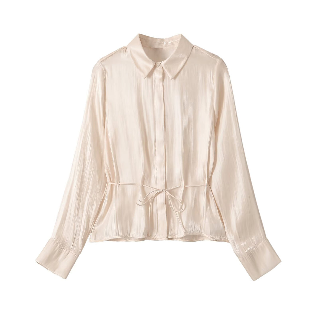 Ladies silk matte tailored shirt blouse with drawstring and concealed button placket Mune Fashion
