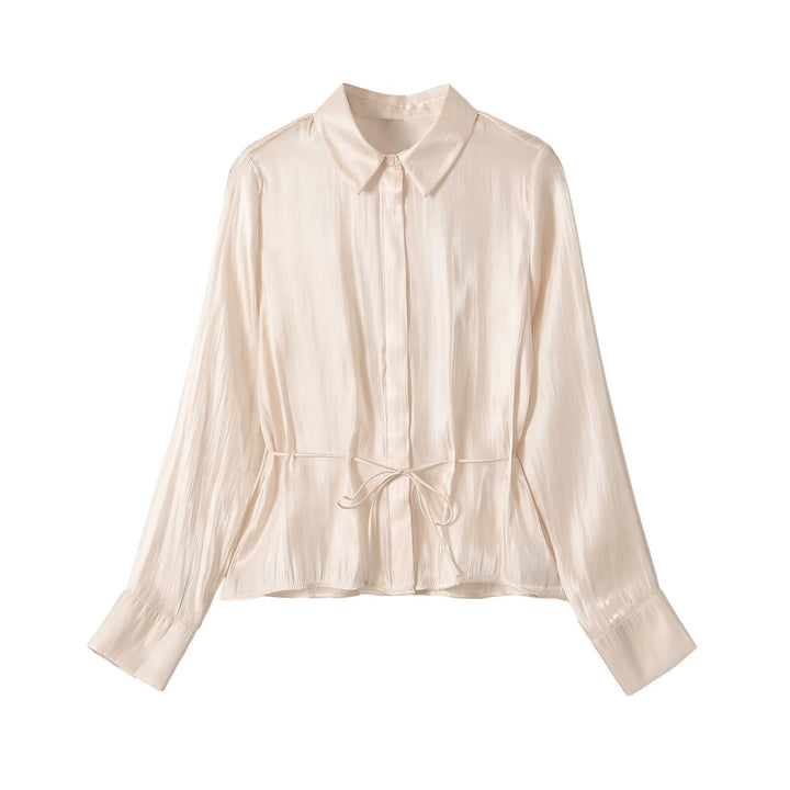 Ladies silk matte tailored shirt blouse with drawstring and concealed button placket Mune Fashion