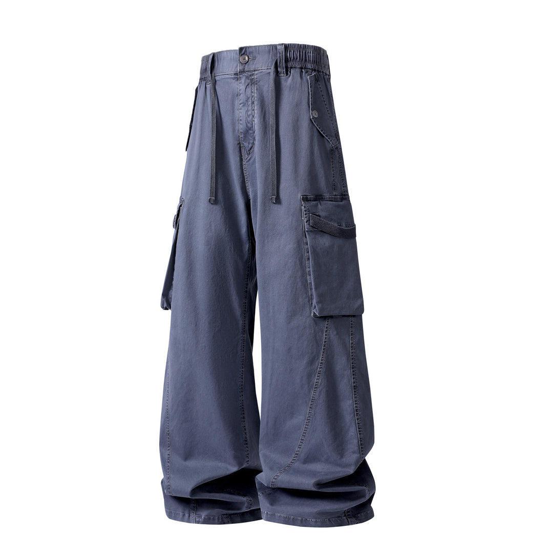 Men's Loose Cargo Pleated Pants with Drawstring and Large Flap Pockets Drune