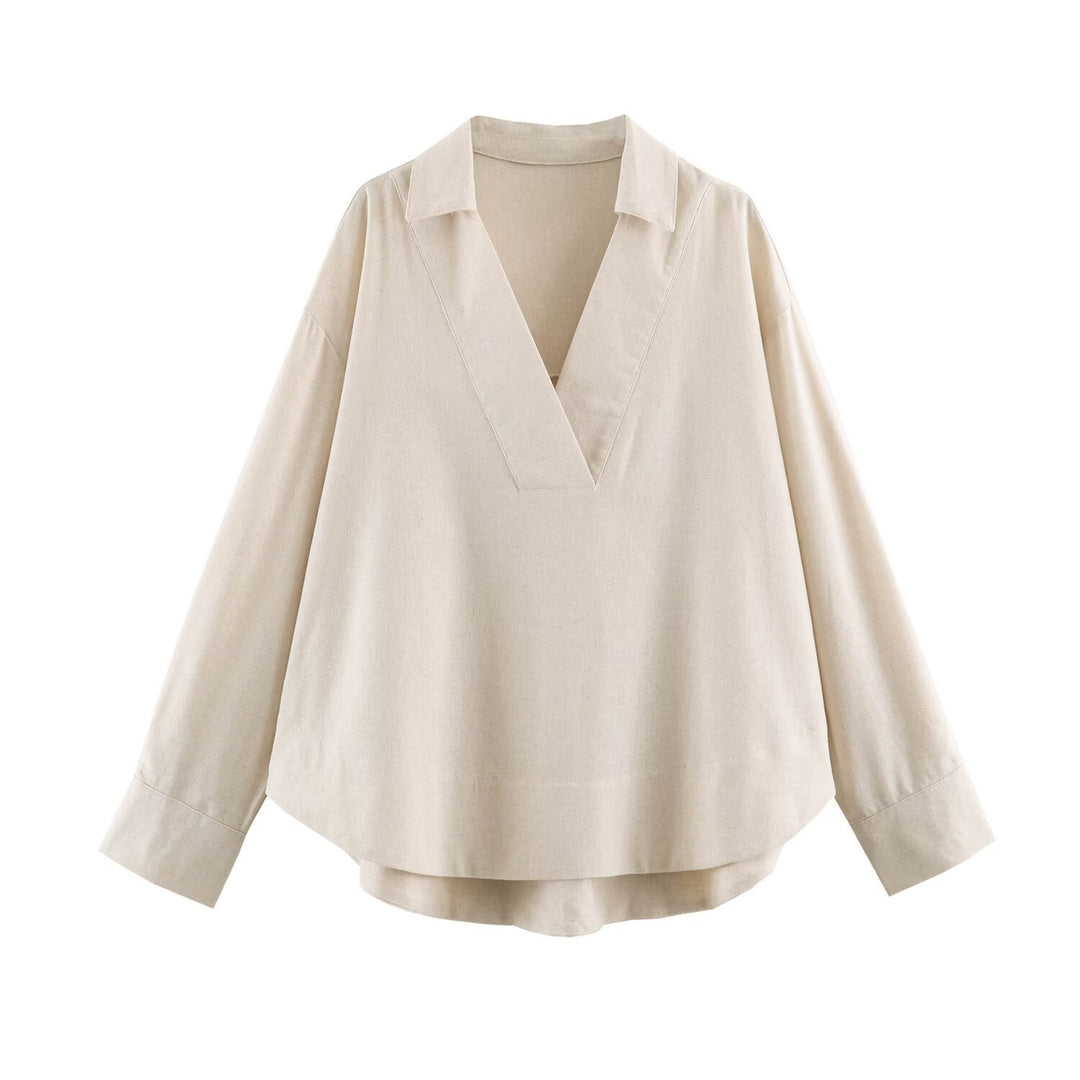 Women Oversize Linen-Mix Blouse with Deep V-Neck and Shirt Collar Mune Fashion