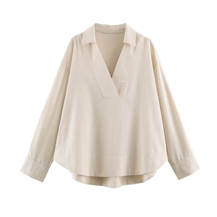 Women Oversize Linen-Mix Blouse with Deep V-Neck and Shirt Collar Mune Fashion
