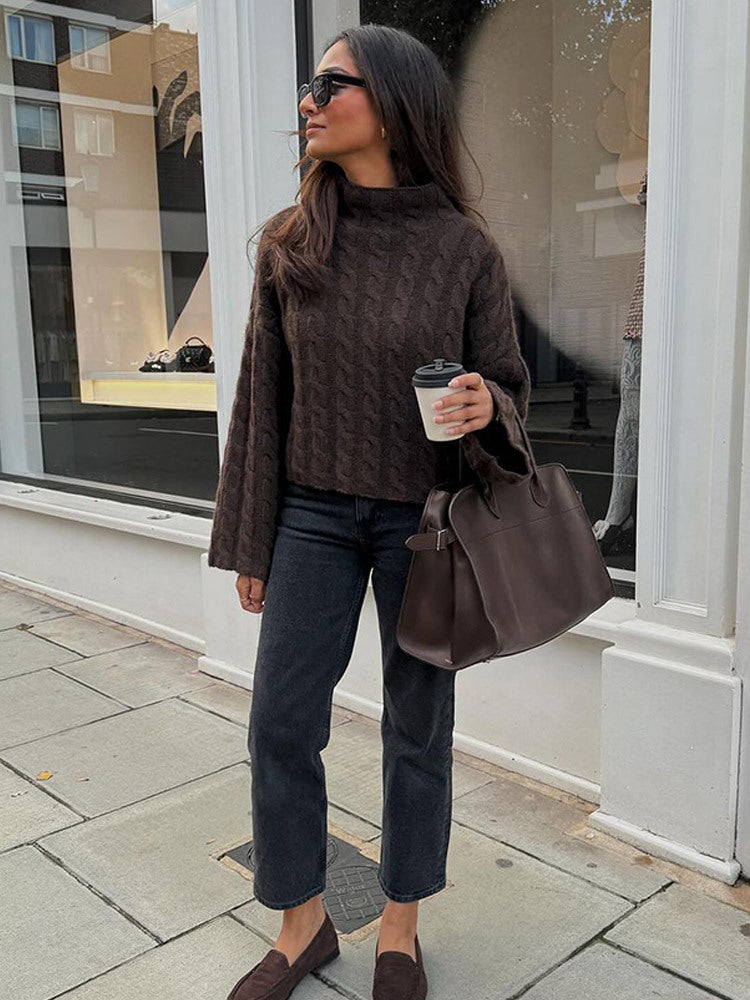 Women's Short-Cut Cable Knit Sweater with Turtleneck & Balloon Sleeves Mune Fashion