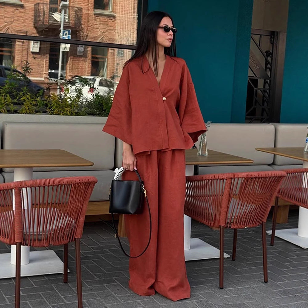 Women Casual Linen Look Two Piece with Kimono Blazer and Wide Palazzo Pants Mune Fashion