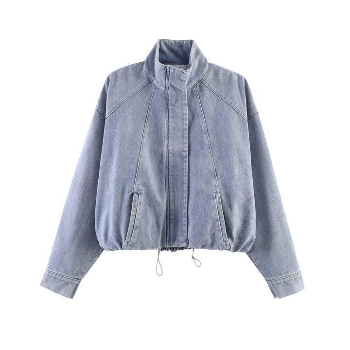Women's Oversized Jeans Bomber Jacket with Stand Collar and Drawstring Mune Fashion