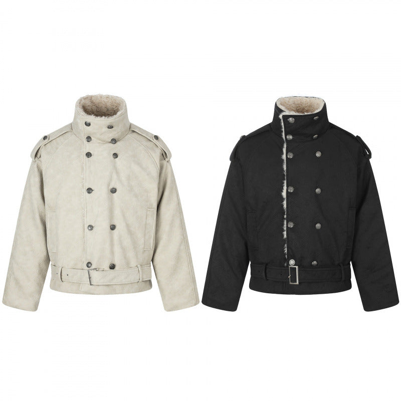 Men's short cut double-breasted aviator jacket with teddy lining, stand-up collar and waist belt Mune Fashion