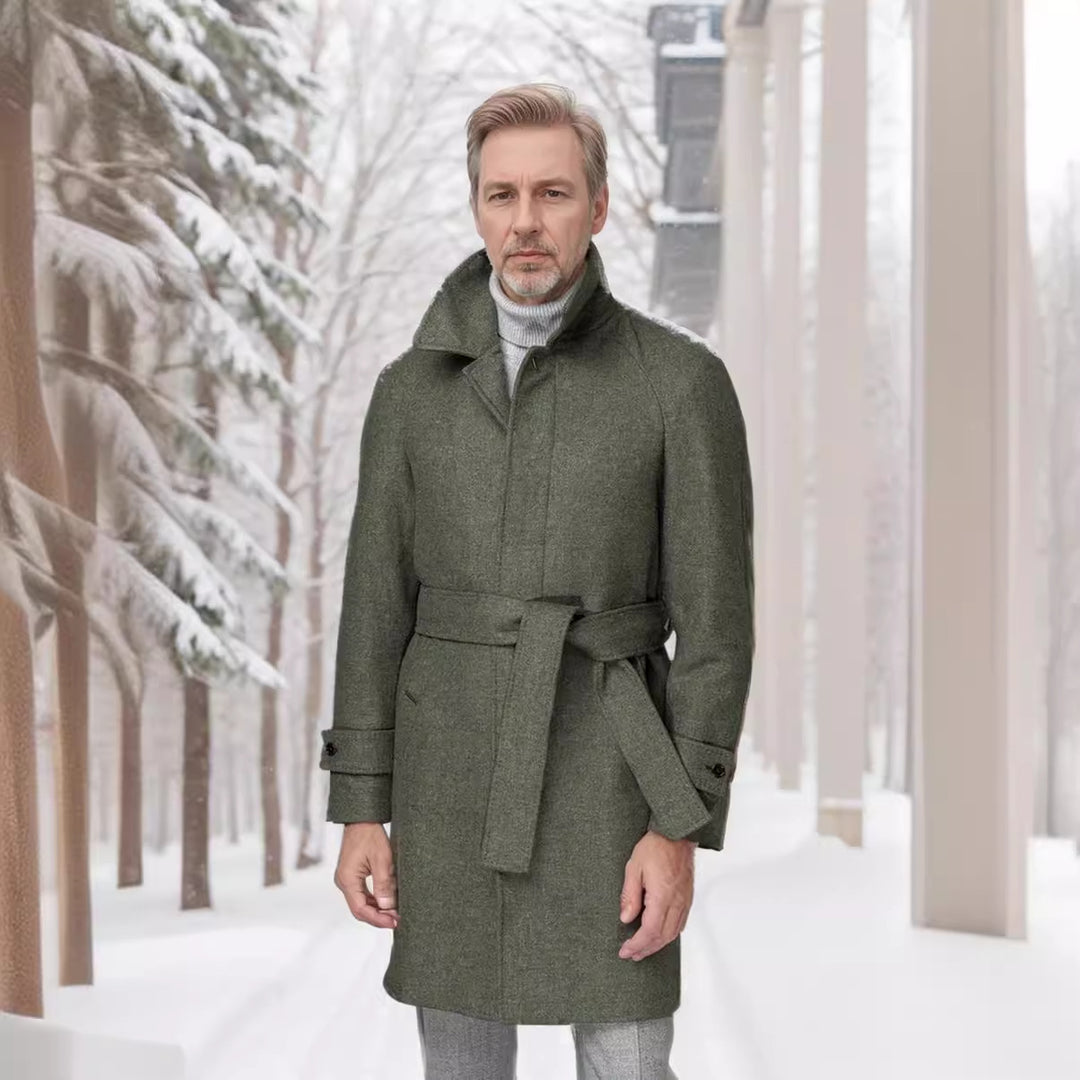 Men's Tailored Coat with Tie Belt, Concealed Button Placket and Classic Lapels Mune Fashion