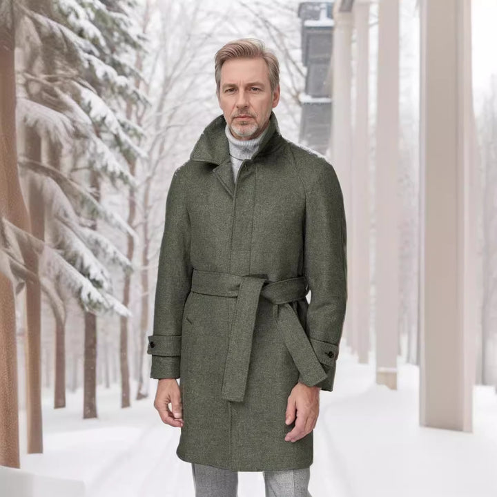 Men's Tailored Coat with Tie Belt, Concealed Button Placket and Classic Lapels Mune Fashion
