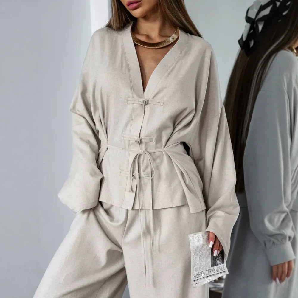 Women's Kimono-Inspired Loungewear Jacket with Waist Tie and Decorative Knot Mune Fashion