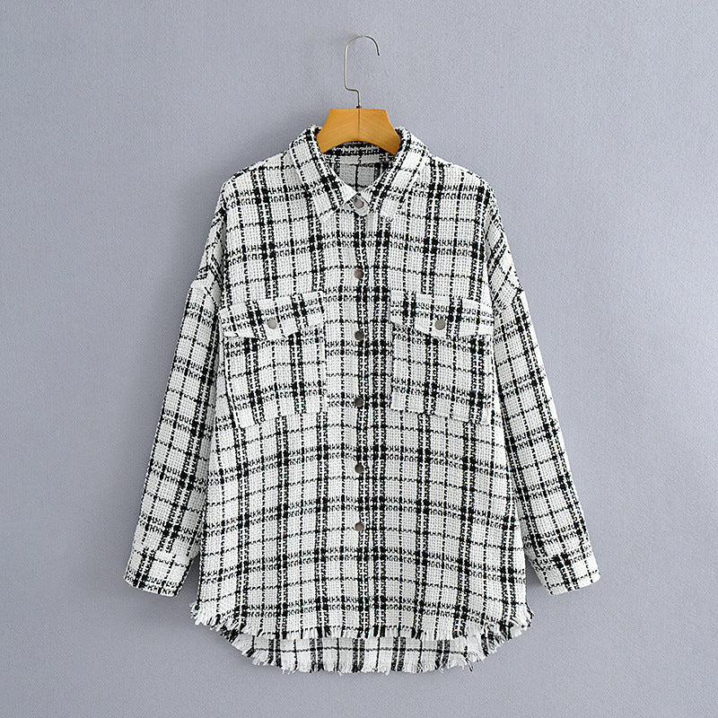 Women's Checked Boucle Shirt Jacket in Oversized Shacket Style with Chest Pockets Mune Fashion