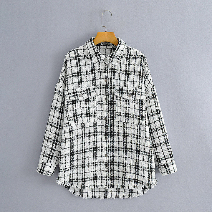 Women's Checked Boucle Shirt Jacket in Oversized Shacket Style with Chest Pockets Mune Fashion