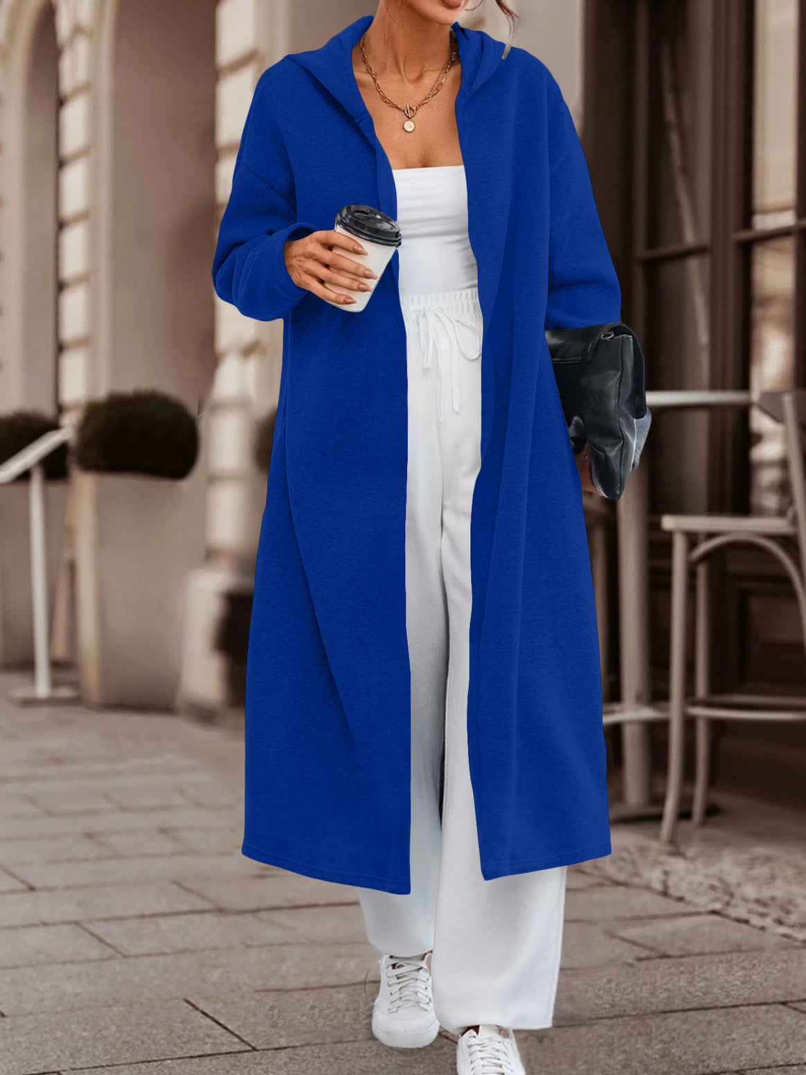 Women Long Oversized Hooded Coat with Open Front and Soft Fleece Lining