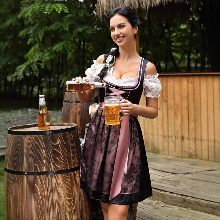 Women's short dirndl traditional dress with lacing, lace sleeves and decorative apron Mune Fashion