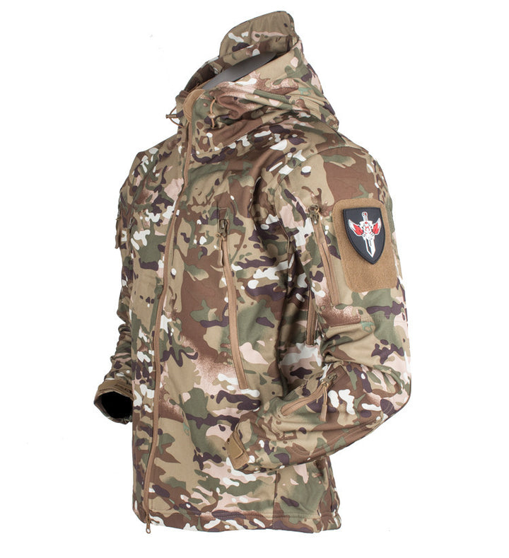 Men's Tactical Softshell Jacket with Hood, Camouflage Pattern and Multiple Zipper Pockets Mune Fashion