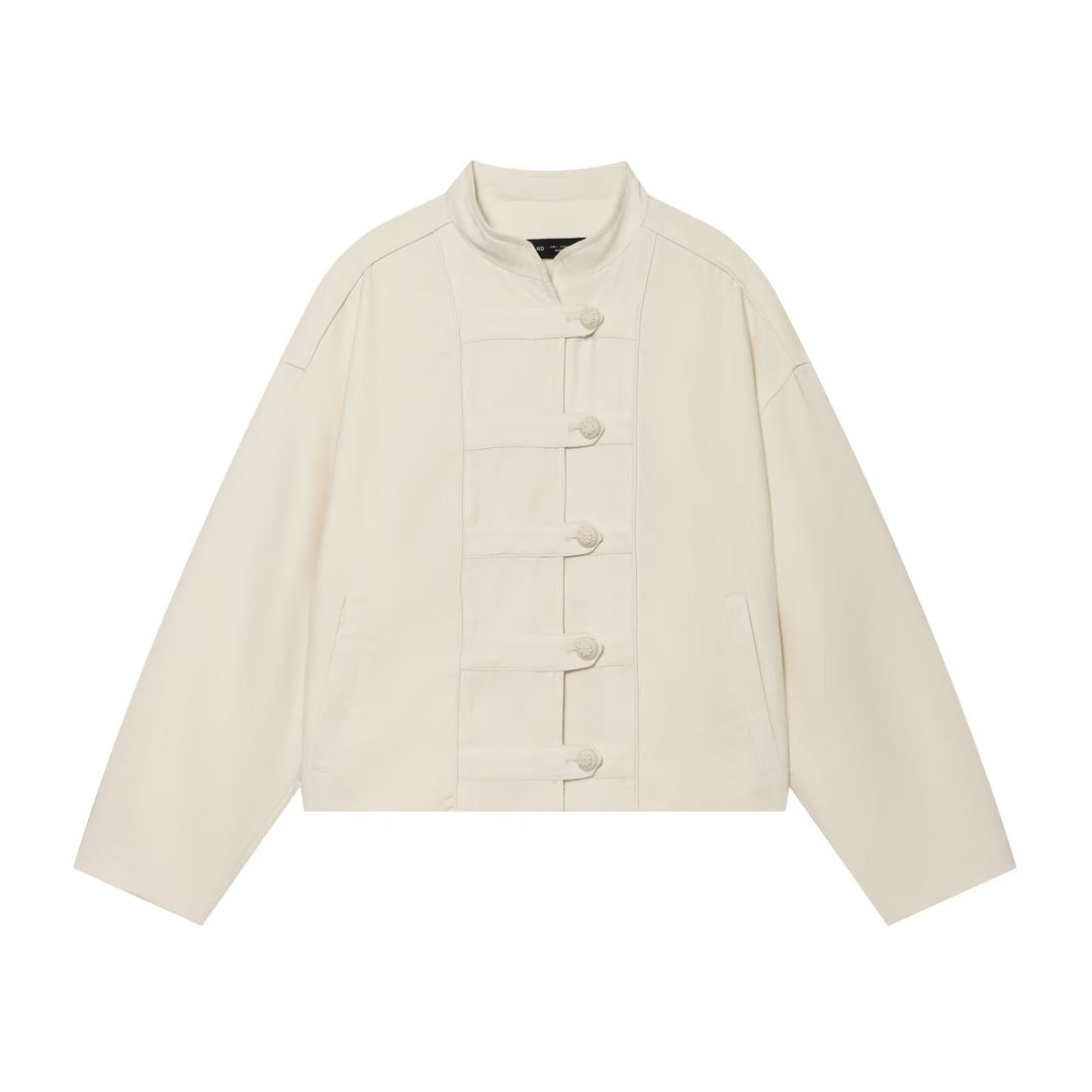 Women's Boxy Jacket in Mandarin Style with Decorative Knot Buttons Mune Fashion