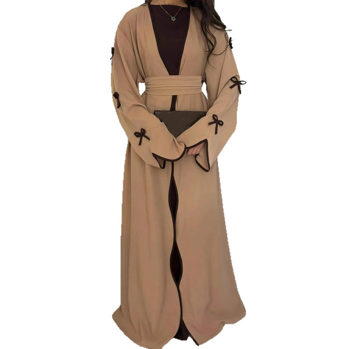 Women's elegant Abaya-Kaftan with wide trumpet sleeves, contrasting yoke and wrap belt Mune Fashion