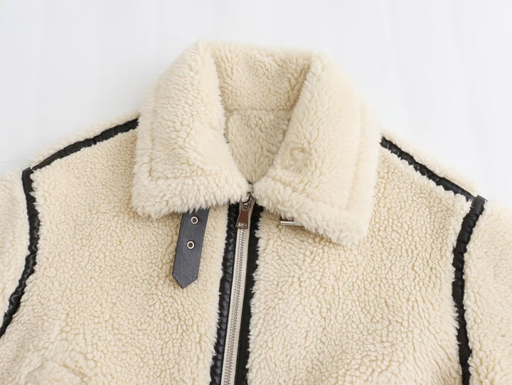 Women's Oversized Teddy Jacket in Aviator Style with Faux Leather Piping, Stand Collar and Zipper Mune Fashion