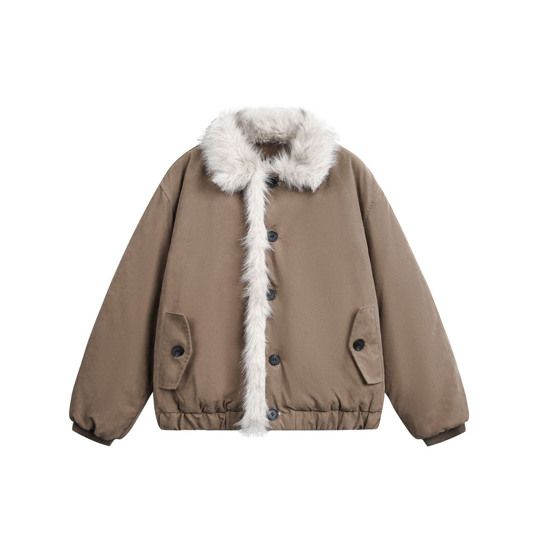 Women's short jacket in boxy cut with wide faux fur collar Mune Fashion