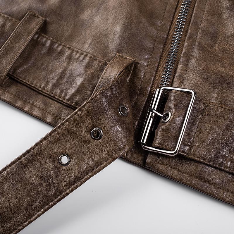 Men's faux leather biker jacket with shoulder quilting, asymmetric zipper, and adjustable belted waist Mune Fashion