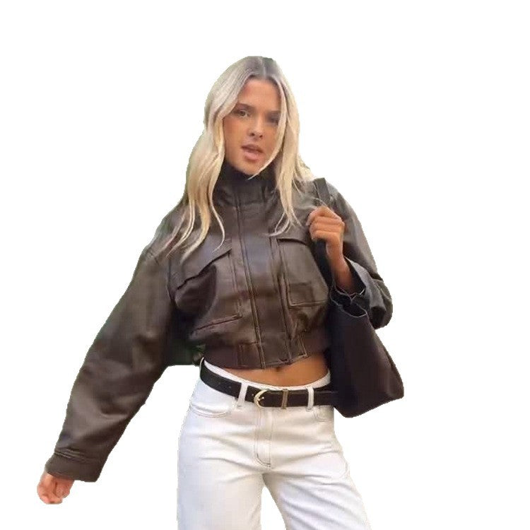 Women's Short Utility Bomber Jacket made of Vegan Leather with High Stand-Up Collar Mune Fashion
