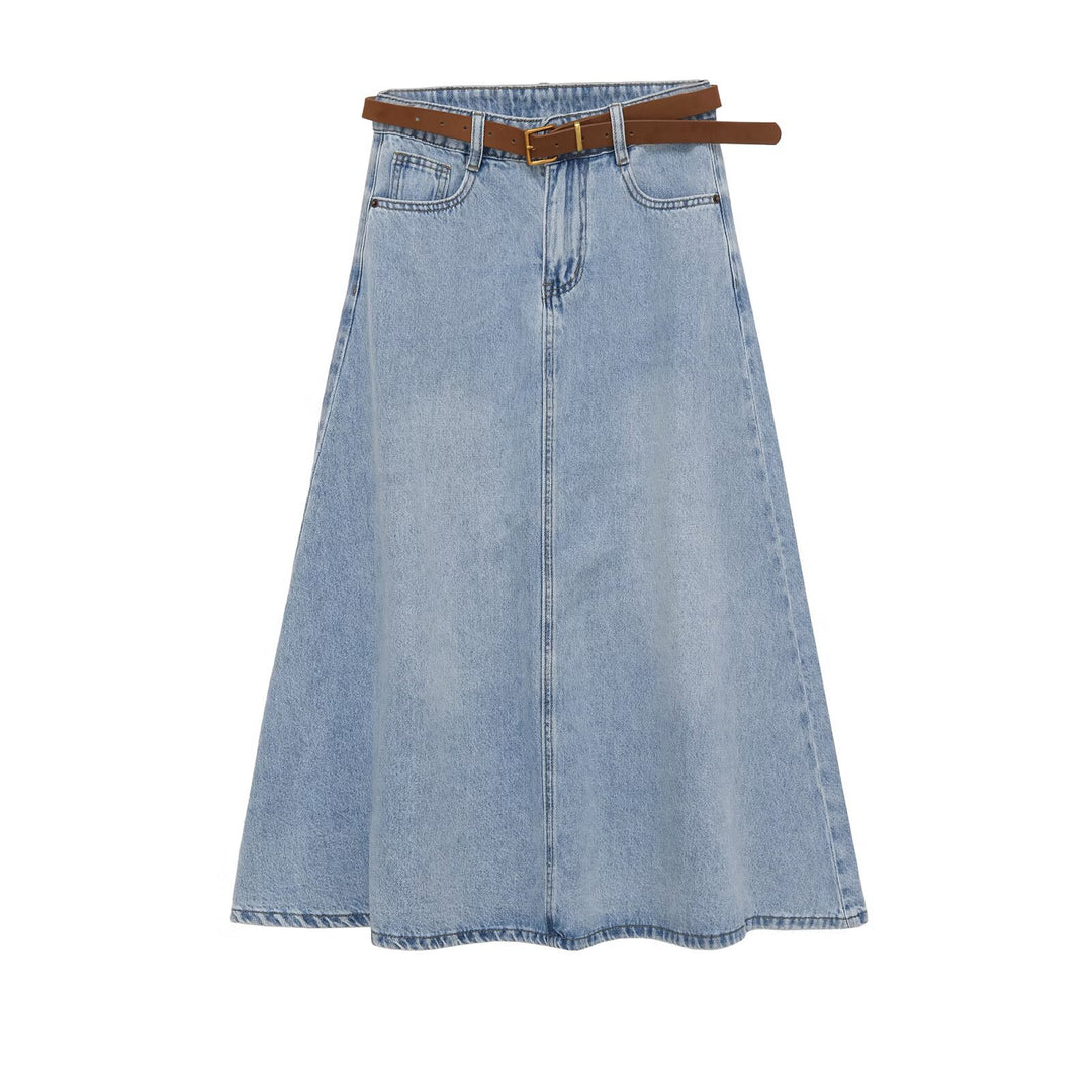 Women's Jeans-Midi Skirt in A-Line Cut with High Waist and Waist Belt Mune Fashion