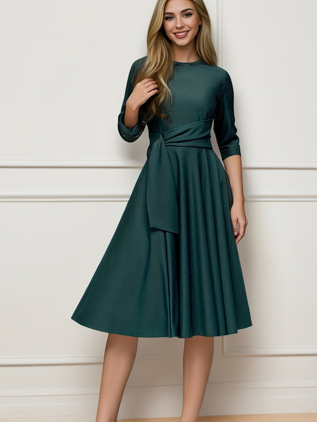 Women's A-line midi dress made of with waistband
