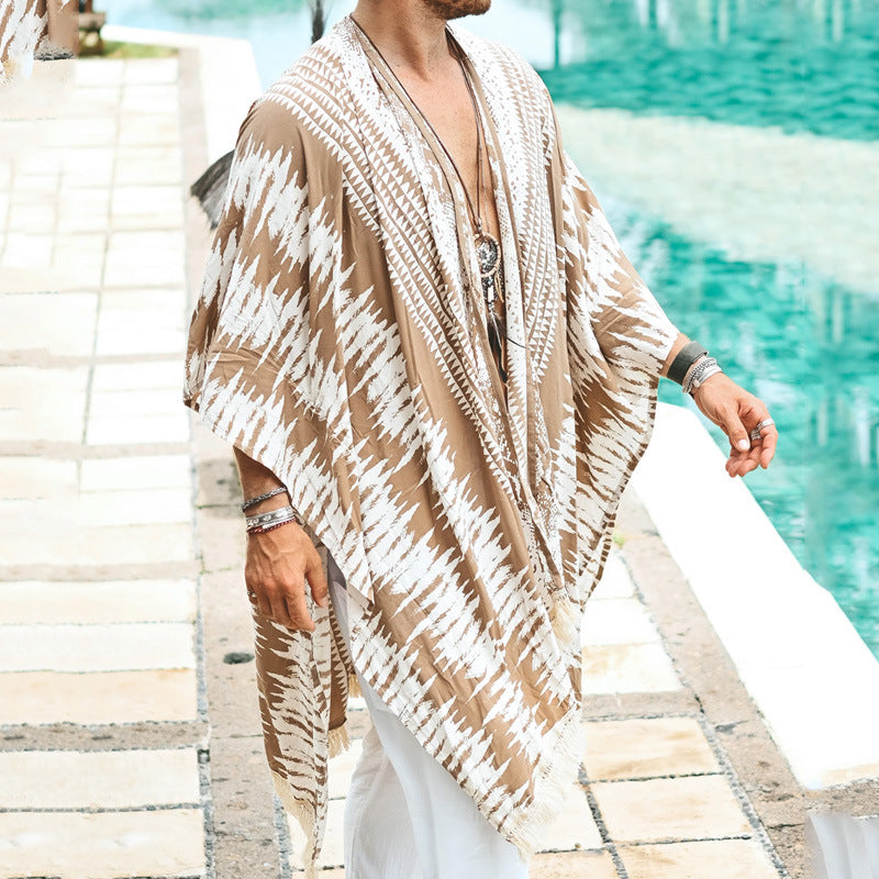 Men's Lightweight Ethno Beach Kaftan with V-Neck and Fringes Mune Fashion