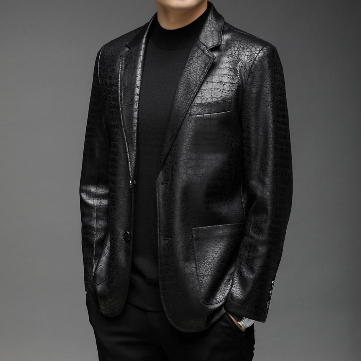 Men's crocodile-embossed leather jacket with a slim silhouette and lapel collar Mune Fashion