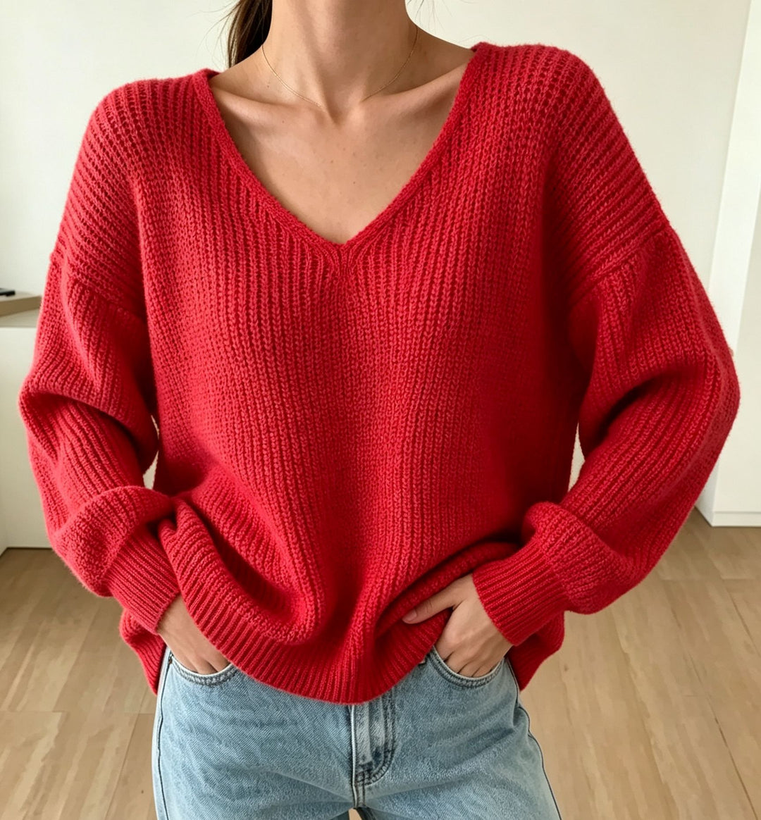 Women's Casual Boxy Chunky Knit Sweater with V-Neck and Ribbed Cuffs Mune Fashion