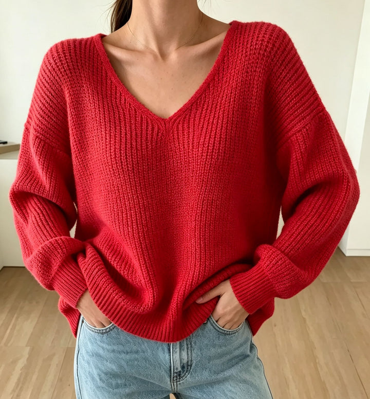 Women's Casual Boxy Chunky Knit Sweater with V-Neck and Ribbed Cuffs Mune Fashion