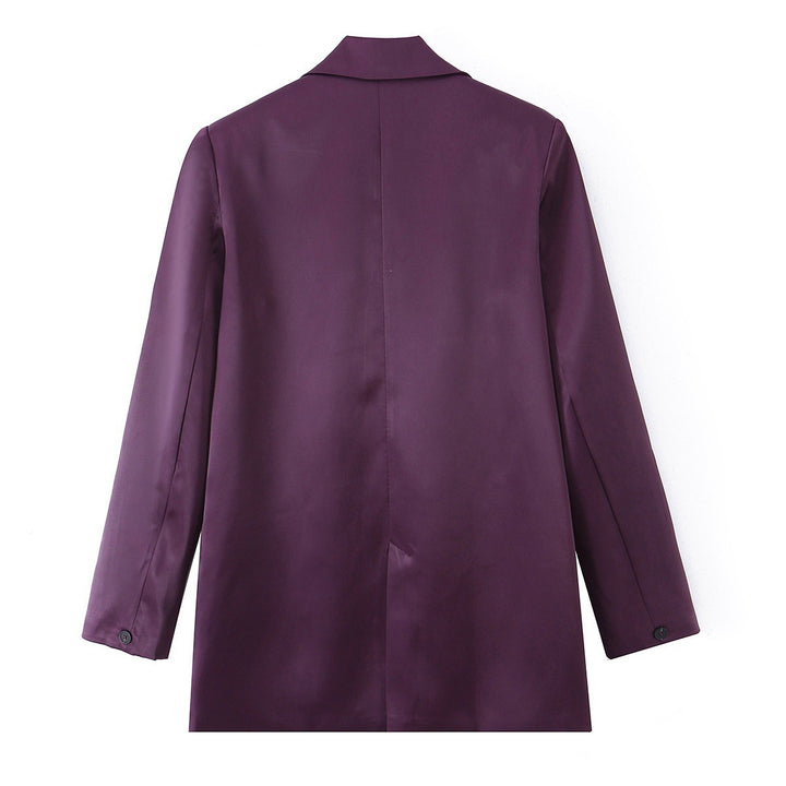 Women's Double-Breasted Satin Blazer with Notched Lapels and Flap Pockets Mune Fashion