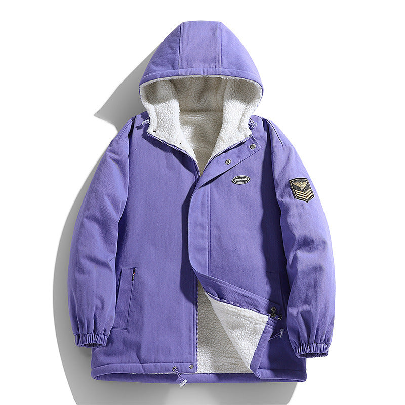 Men's Hooded Canvas Parka with Teddy Fleece Lining and Military Patch Mune Fashion
