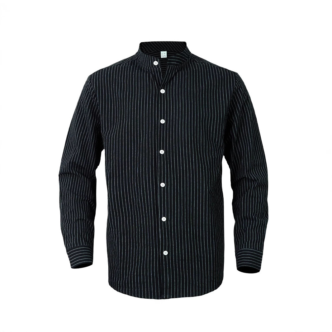 Men's striped stand-up collar shirt made of linen-cotton blend with button placket Mune Fashion