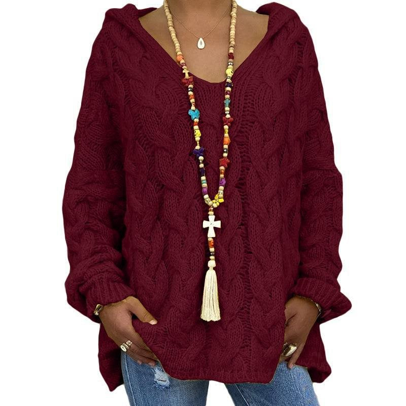 Women Oversized Cable Knit Sweater with Hood and Casual V-Neck Mune Fashion