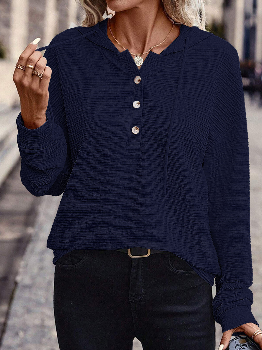 Women's Casual Structured Hoodie Henley Shirt with Button Placket and Oversized Cut Mune Fashion