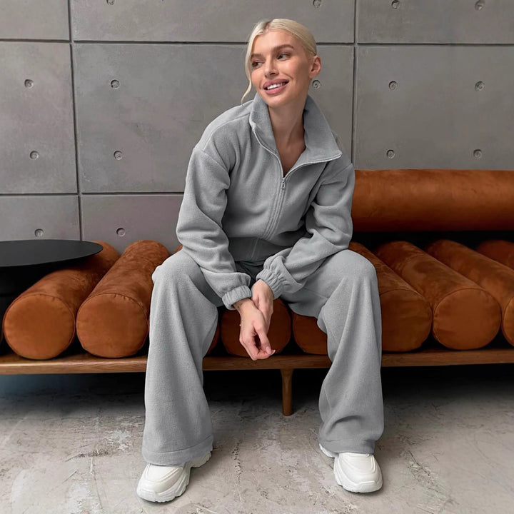 Women Comfortable Fleece Loungewear Set with Short Zip Top and Wide High Waist Pants Mune Fashion